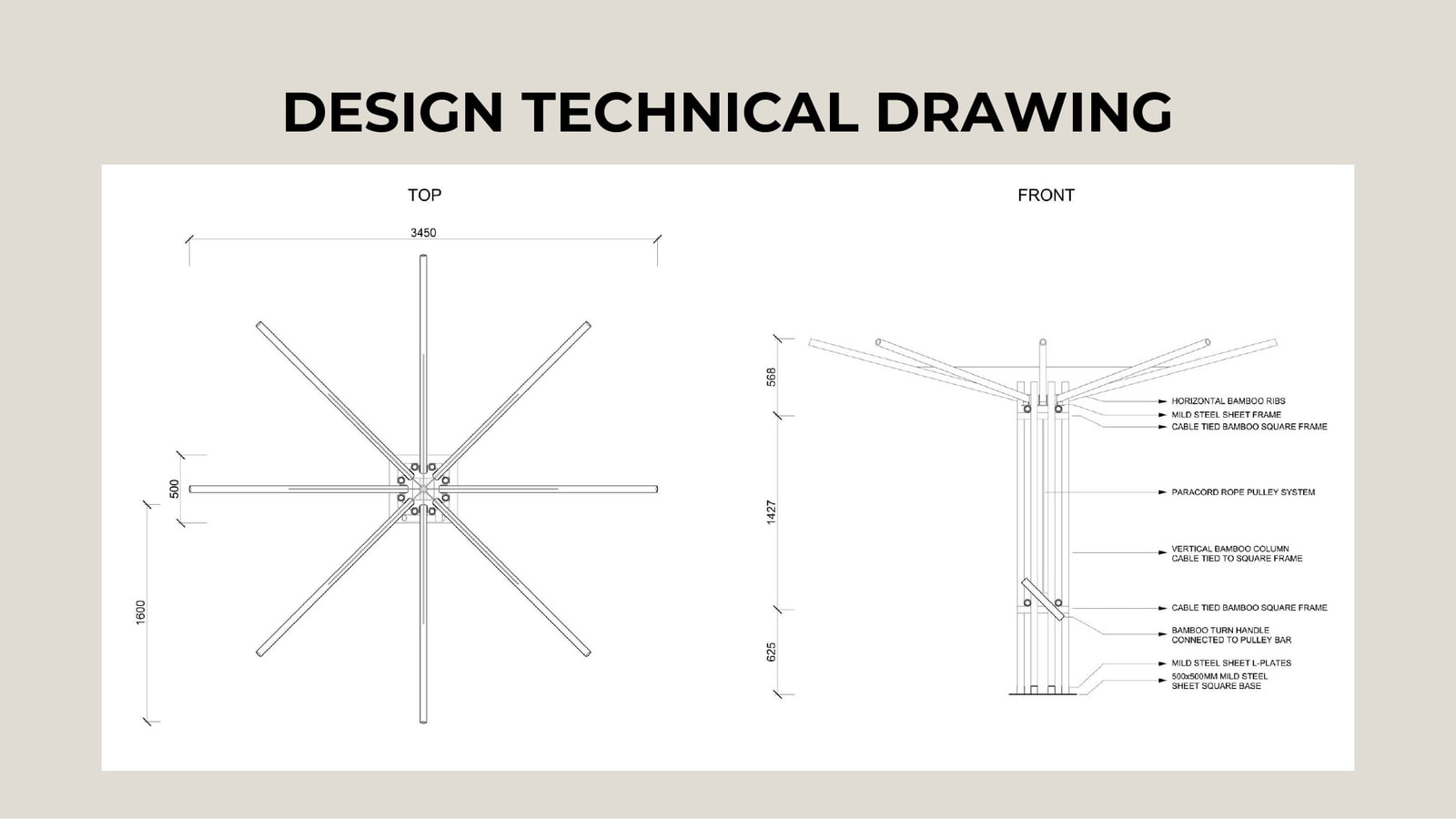 Dimensioned top and front elevations; canopy spans 3,450 mm