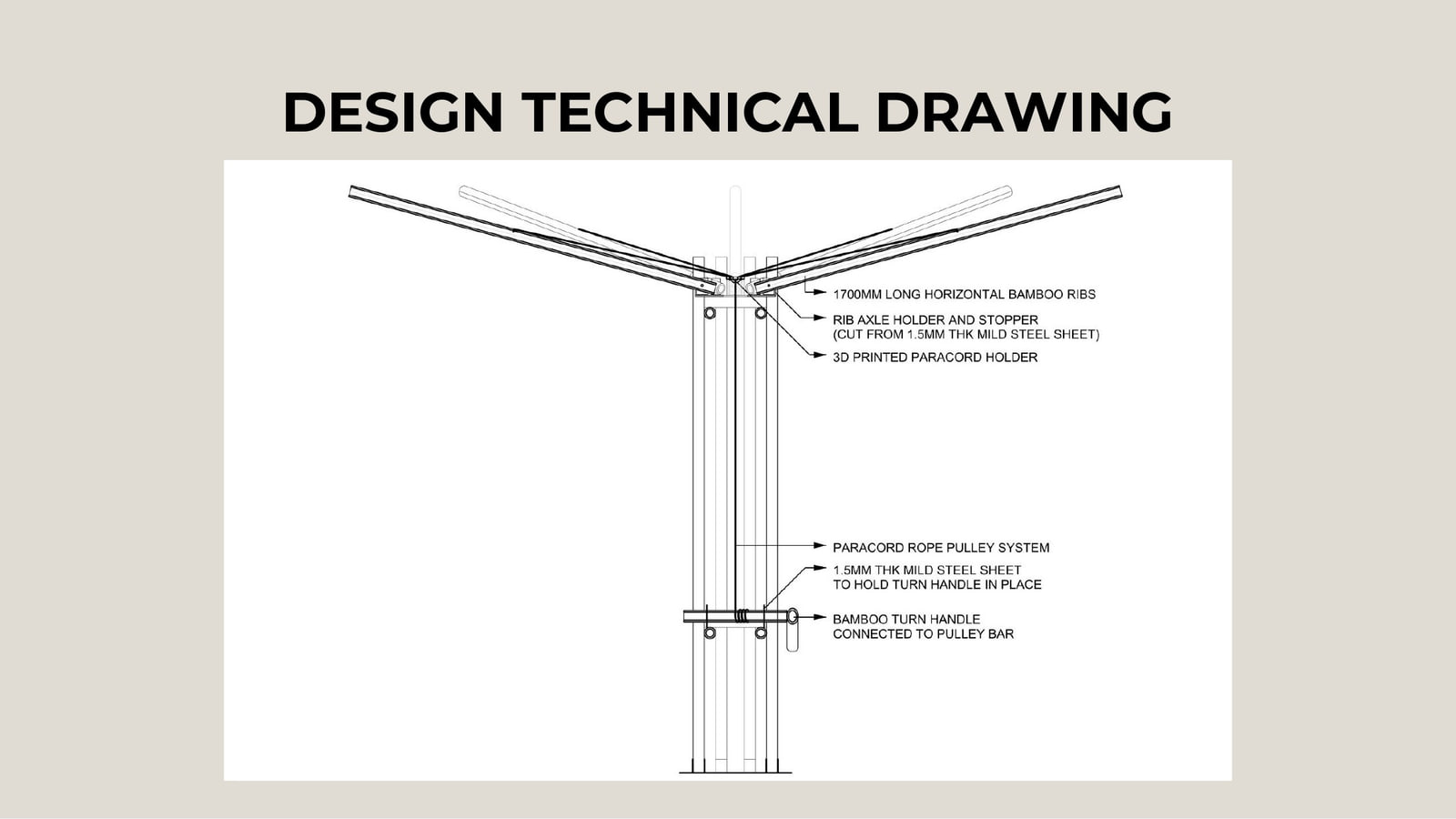 Apex detail: 1,700 mm ribs, shear-pin axles, paracord holder, bamboo turn handle