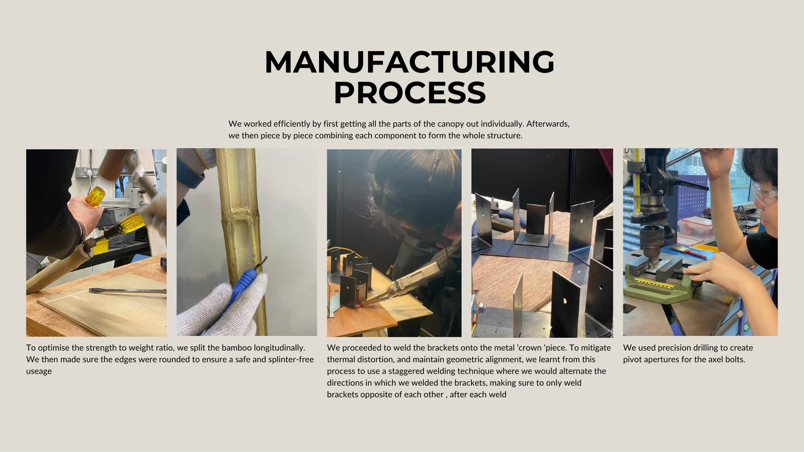 Splitting bamboo lengthwise, welding steel brackets, drilling pivot apertures on the press