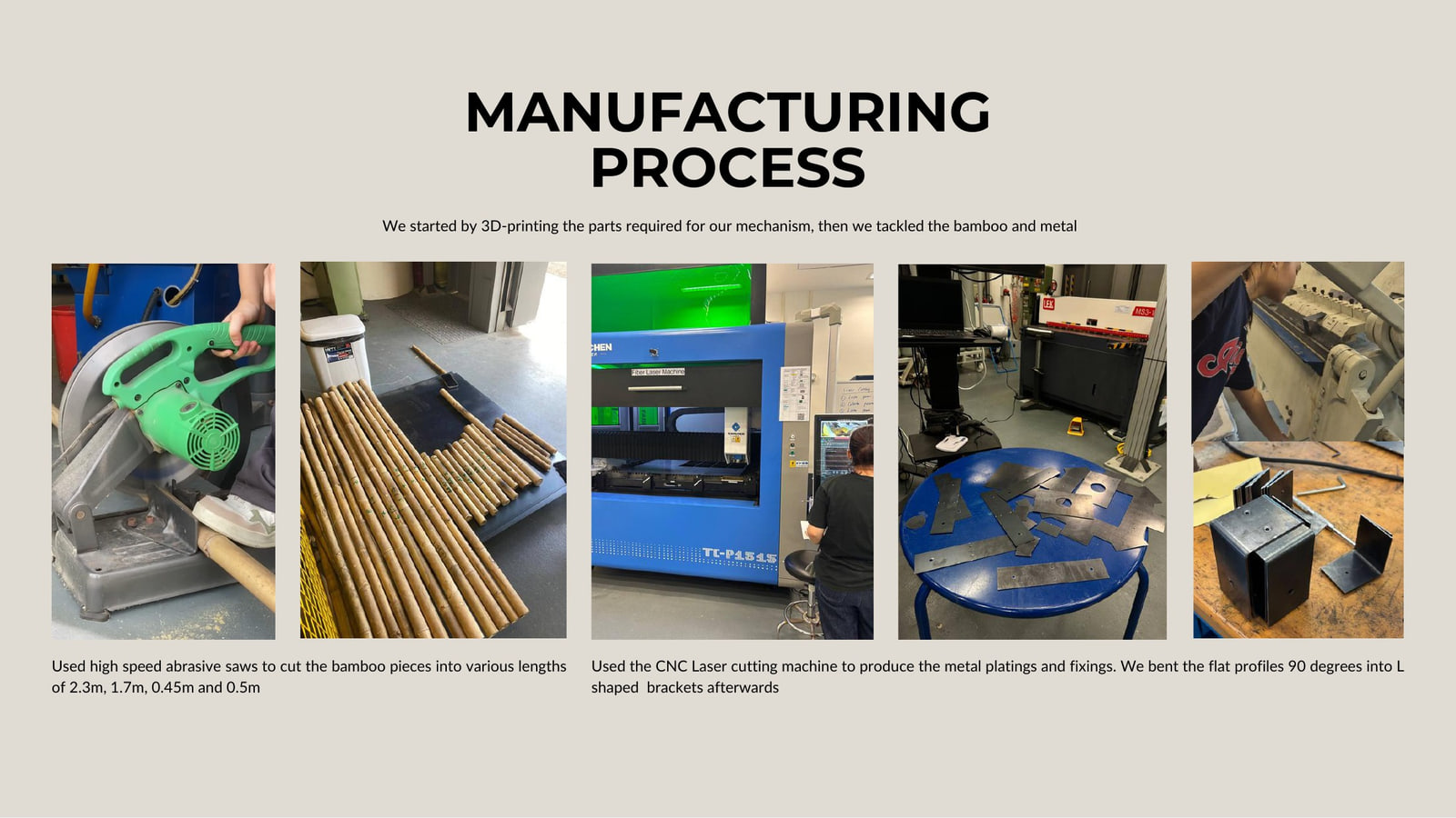 Abrasive saw cutting bamboo, fibre-laser cutting steel, brackets bent to ninety degrees
