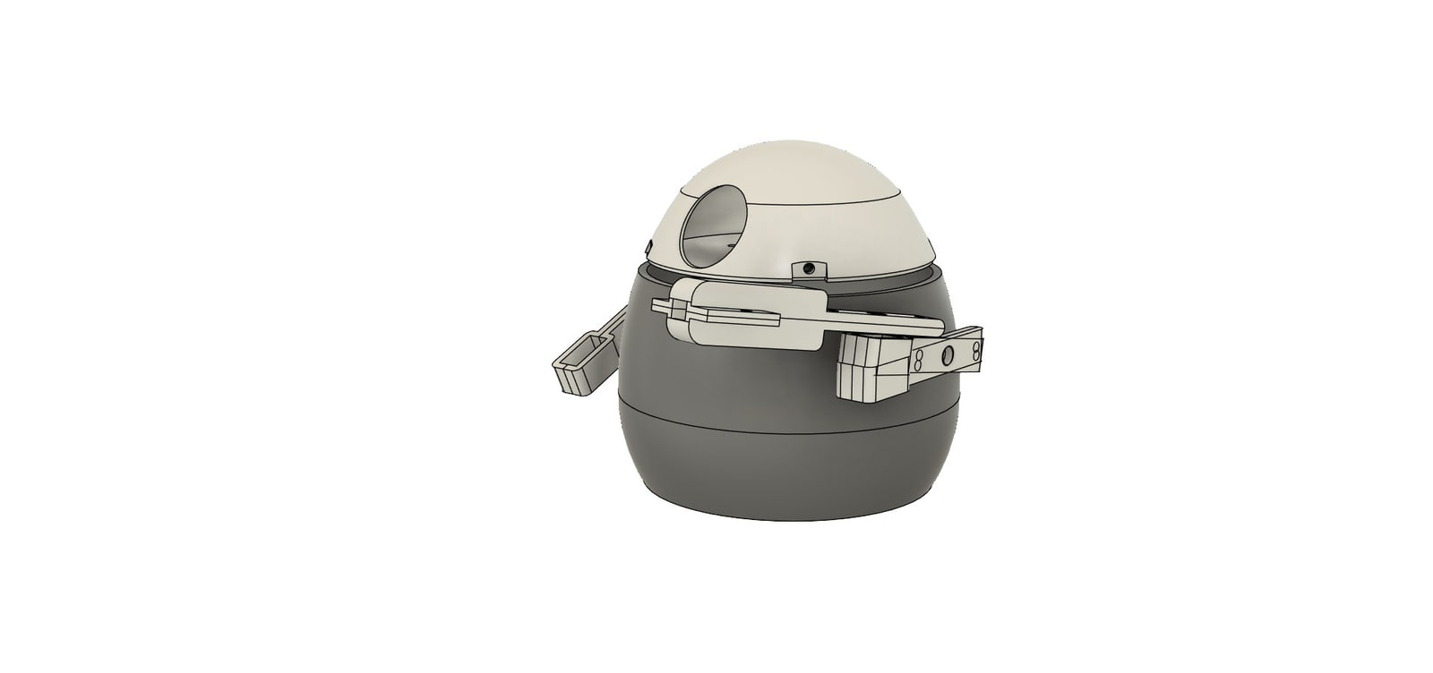 Three-quarter CAD render of the assembled body, both arms out, camera aperture in dome