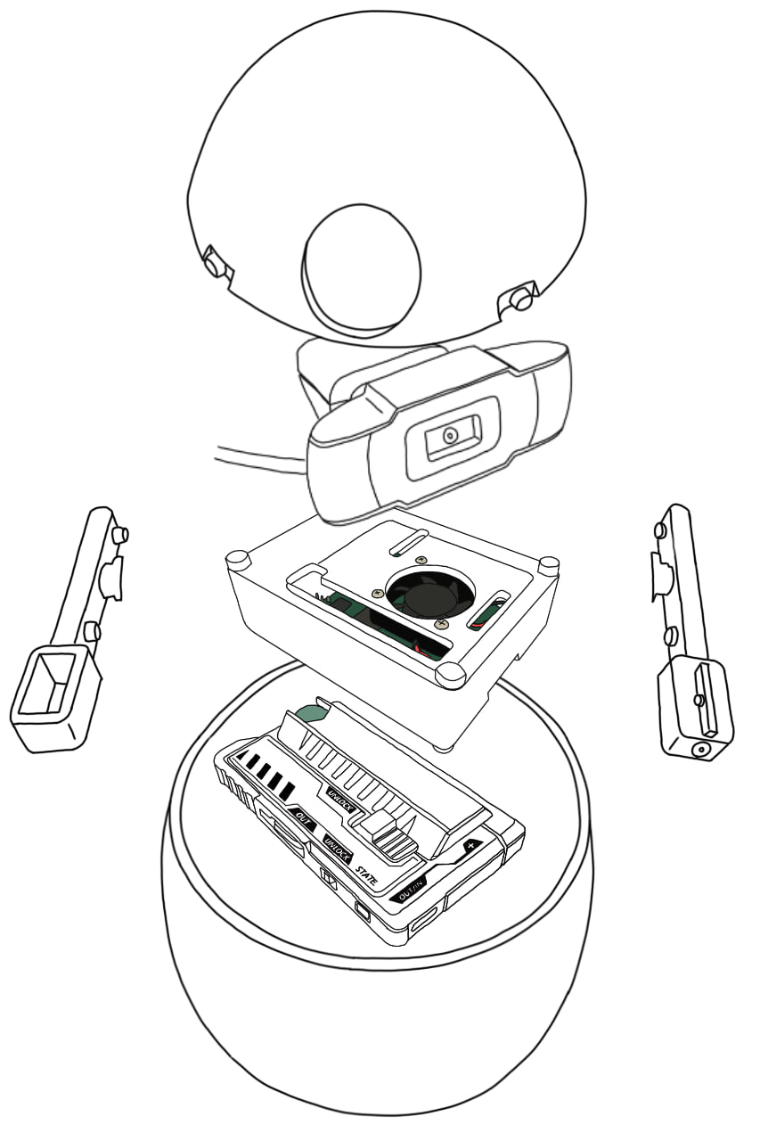 Line-drawing exploded view adding both PLA arms to headpiece, webcam, Pi and base