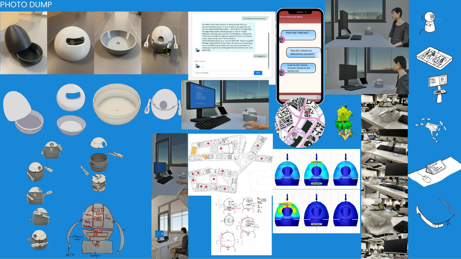 Photo collage: shell iterations, chatbot screens, FEA stress plots, site photos, sketches