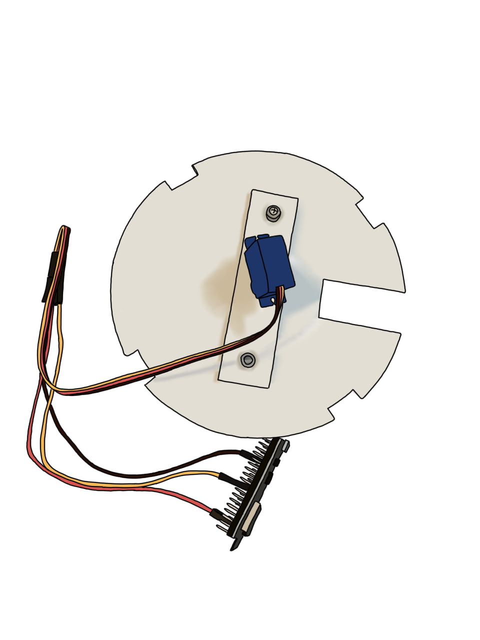 Detail drawing of the internal plate with blue servo motor and micro:bit wiring