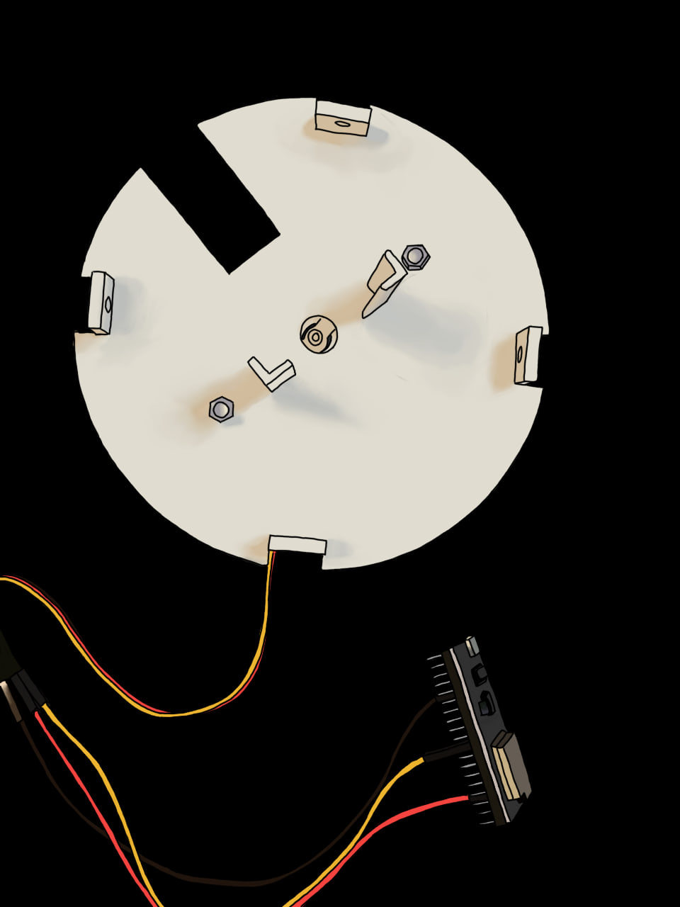 Base plate drawing on black, mounting clips and bolts, wiring running to micro:bit