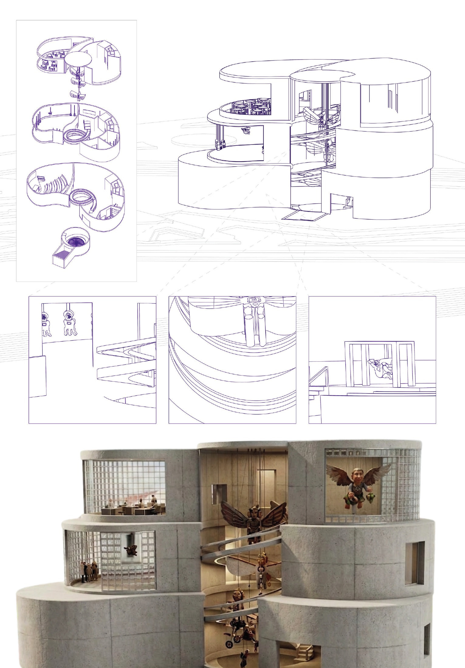 Exploded axonometric, three interior vignettes, cutaway render of puppets hung in the atrium
