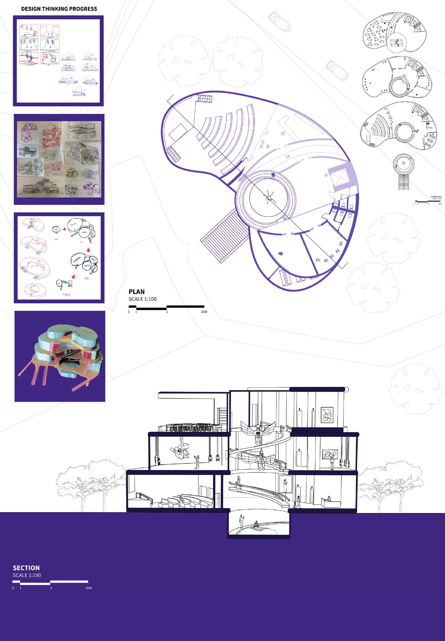 1:100 plan and section board with sketch iterations and blue-foam massing study