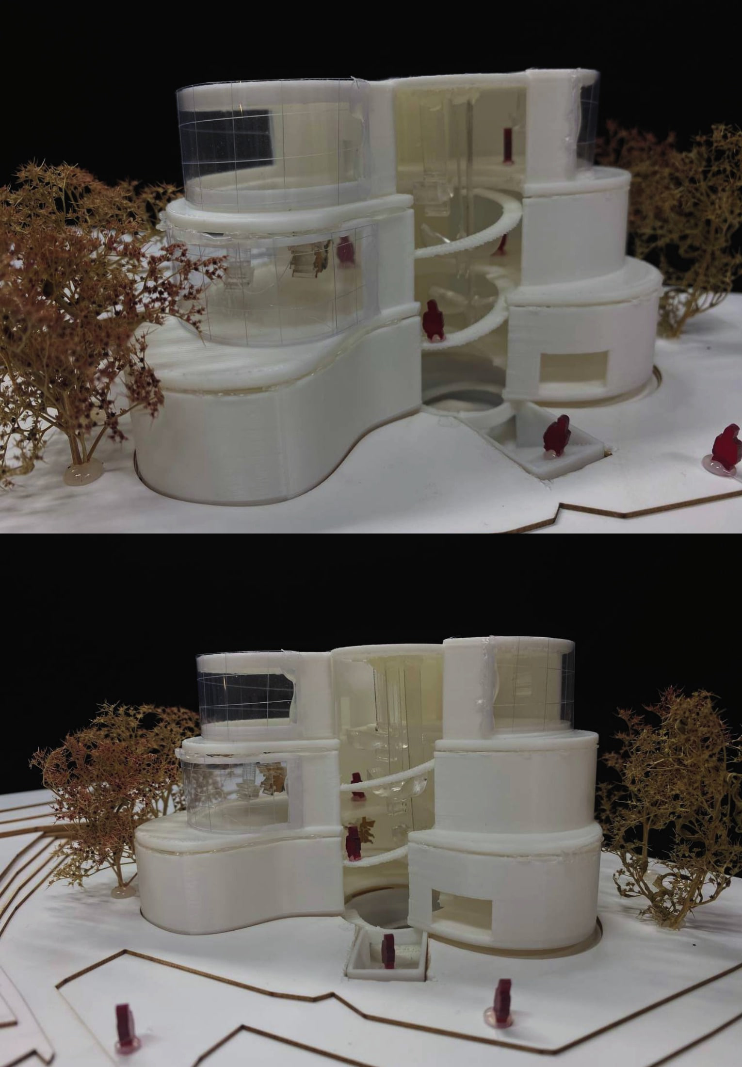 Two site-model views, white lobed volumes and red figures among dried-flower trees