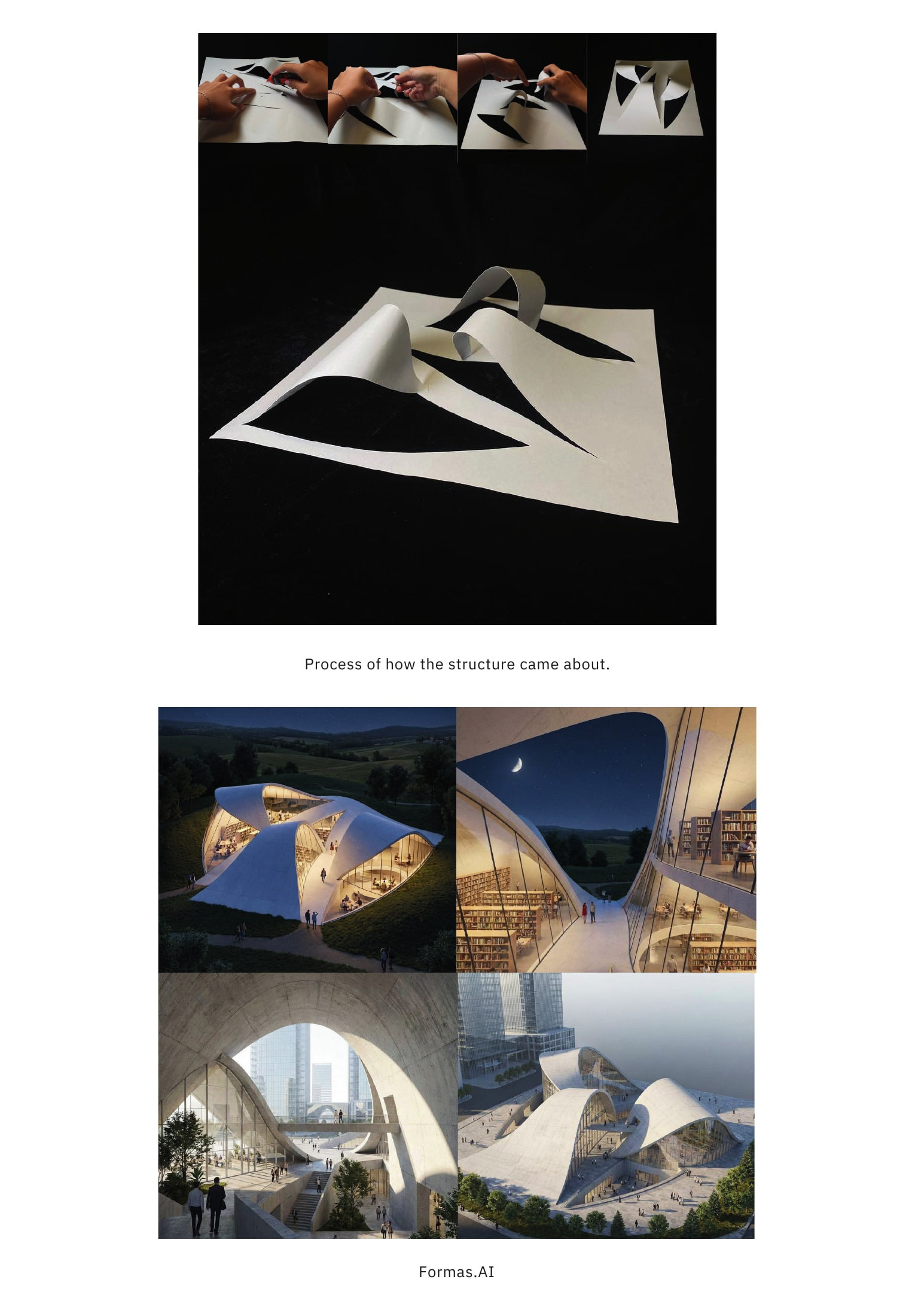 Petal Pavilion paper-cutting sequence above four AI-generated Formas.AI renders of the roof