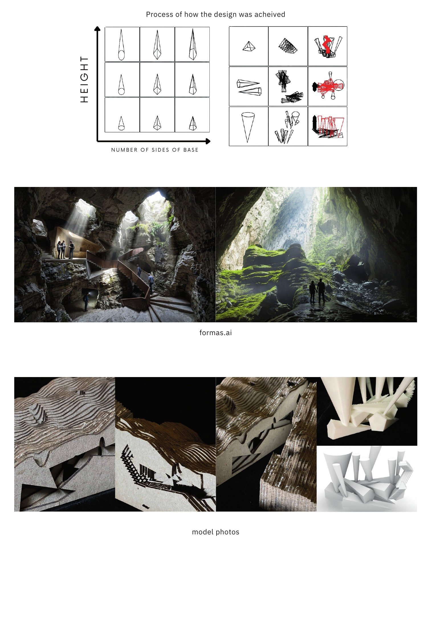 Cone and pyramid subtraction matrix, AI-generated cave renders, and cut terrain model photos