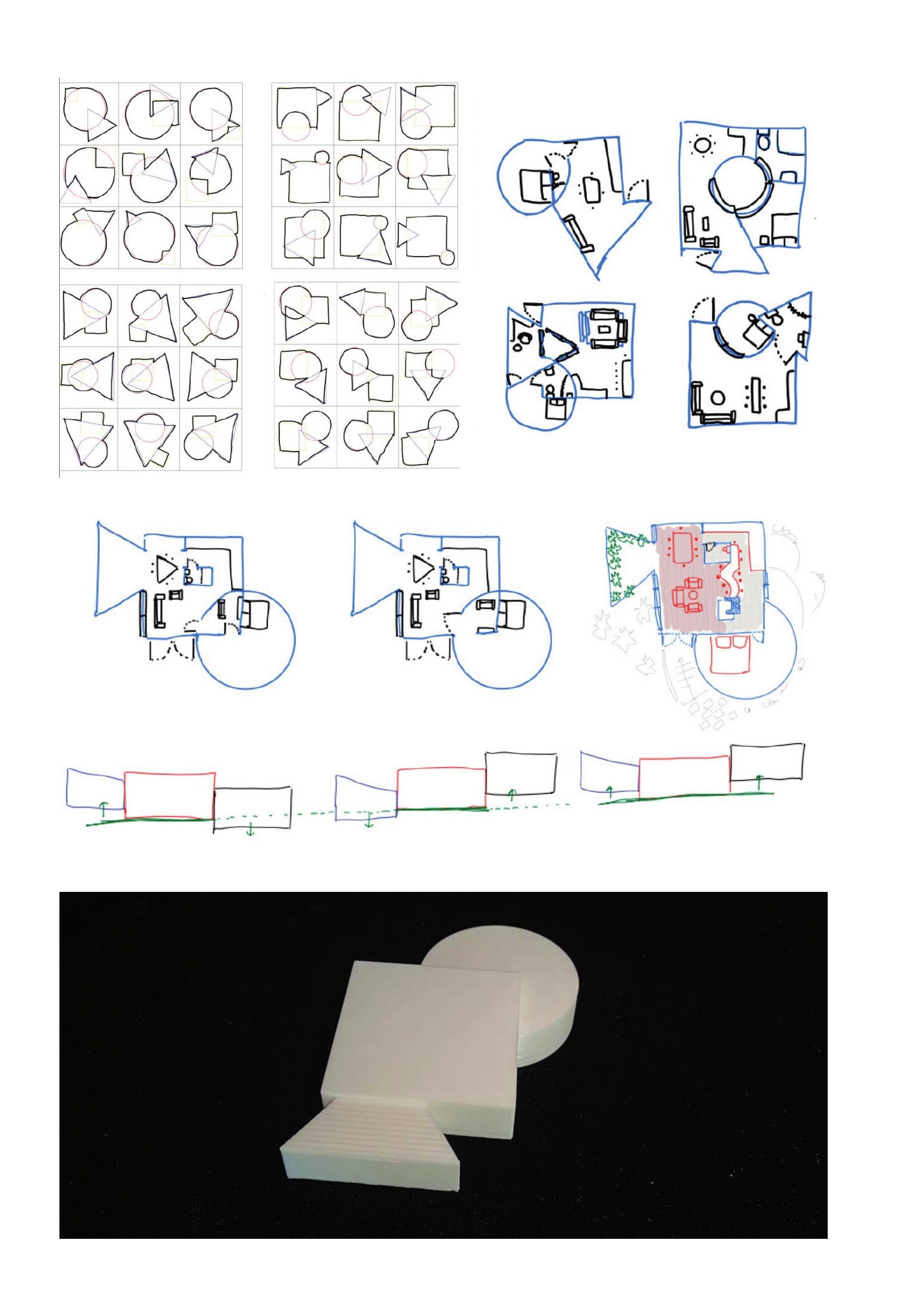 Casa Madre: circle, square and triangle plan iterations with white foam massing model