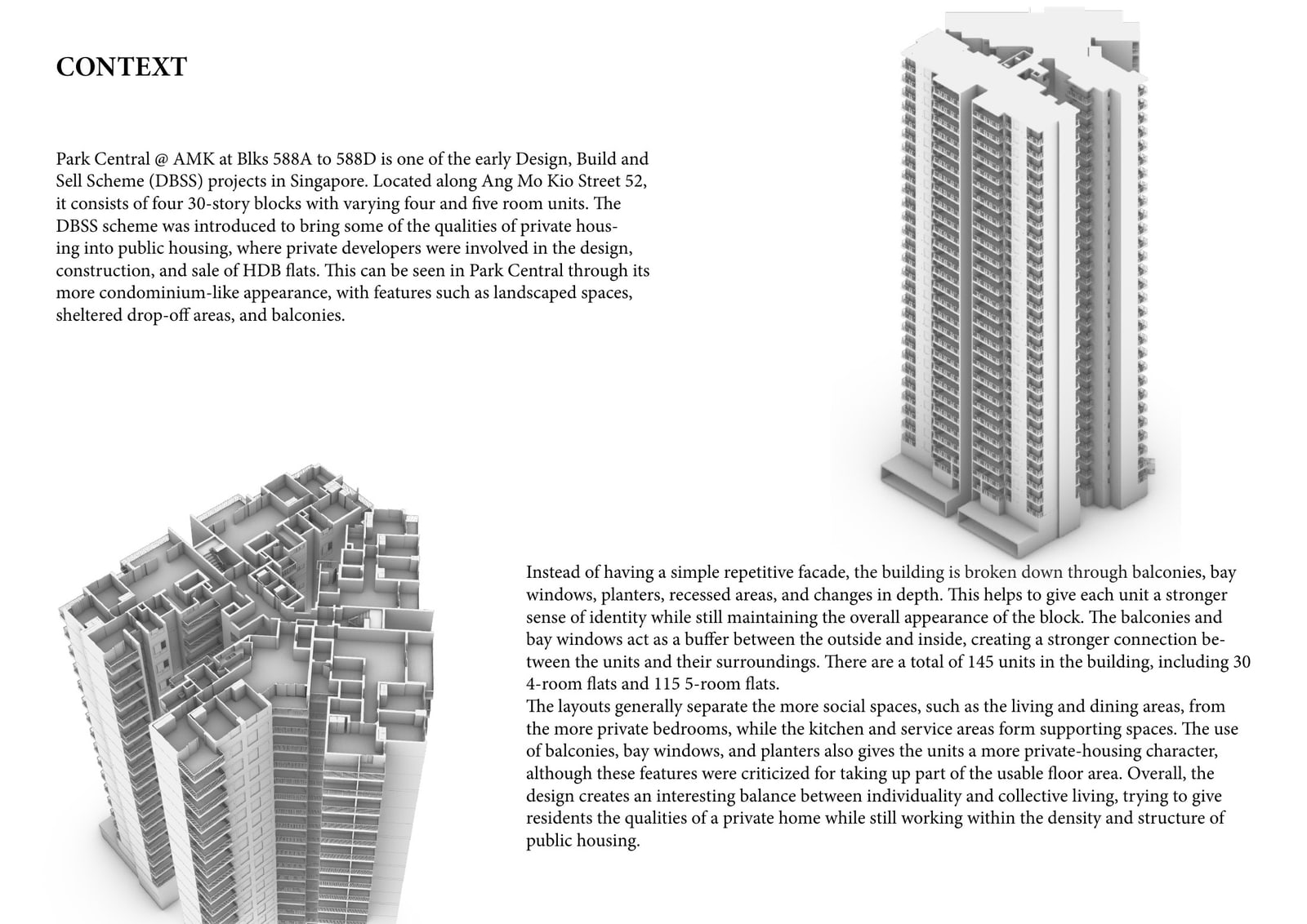 Revit massing axonometric of the 30-storey tower beside a cut-away of stacked unit partitions