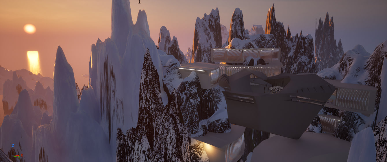 Sunset render: terraced chambers cut into snow-spired sea cliffs