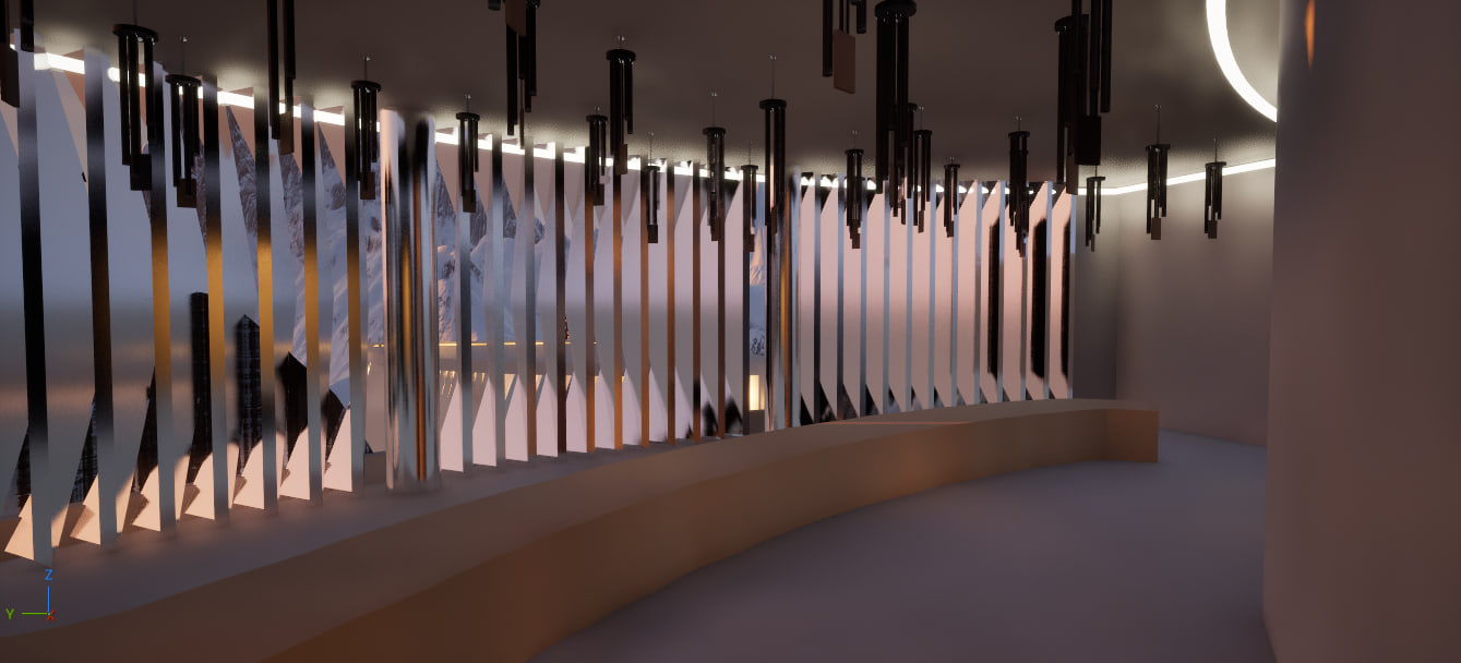 Curved gallery lined with mirrored fins and black chimes under a ring skylight