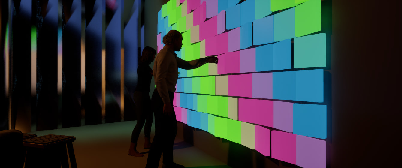 Silhouetted figures touching a wall of glowing pink and green panels