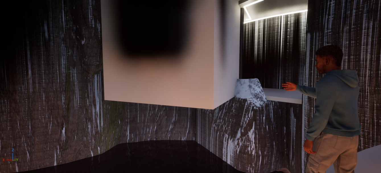 Collection room: crystalline memory stone on a white plinth, visitor reaching for it