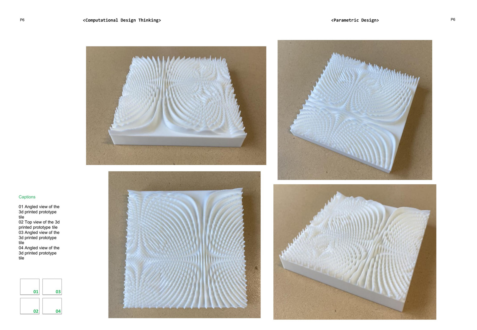 Four desk photographs of the white 3D-printed tile, ridges bristling into individual spines