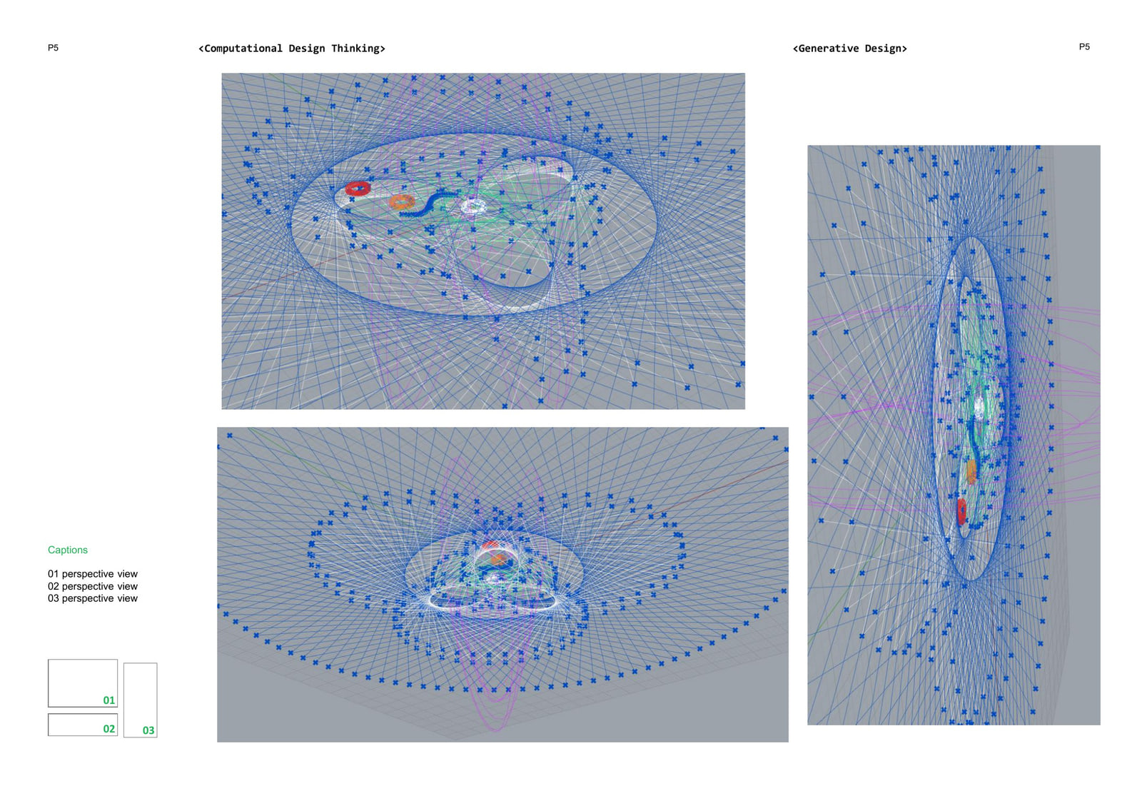 Three perspective views of the spinner: blue radial lines splaying from a three-lobed core