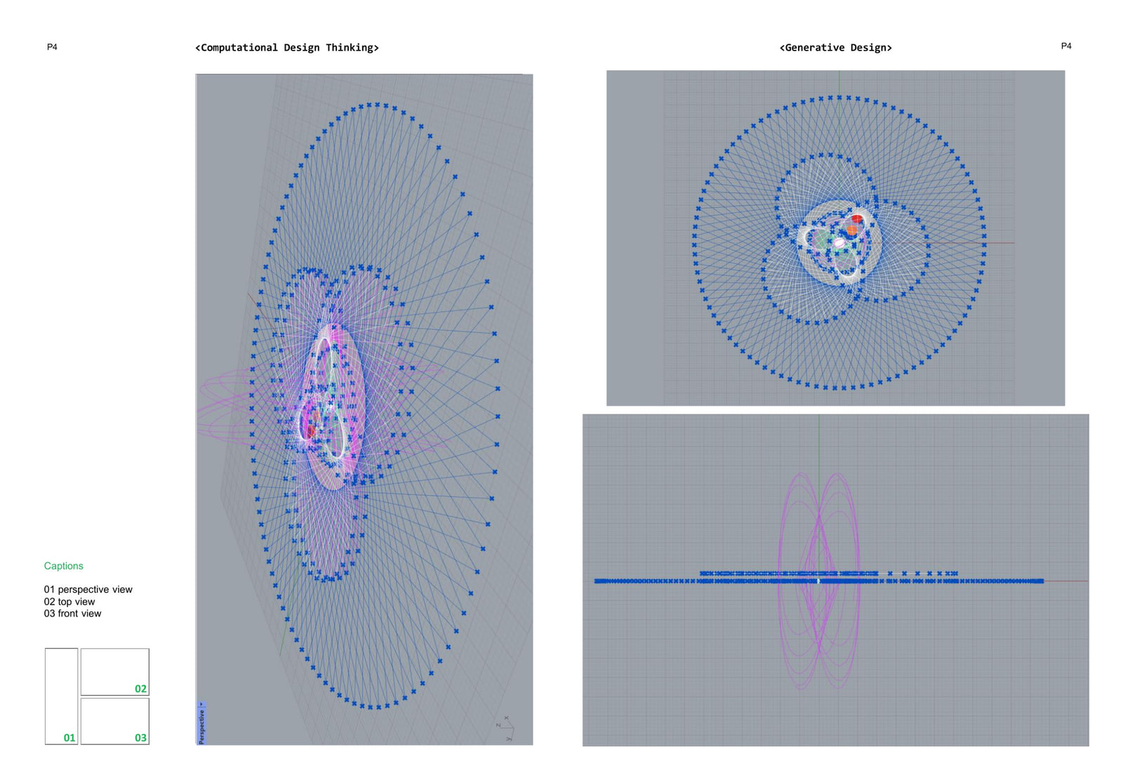 Perspective, top and front views of the spinner; top view resolves into three lobes