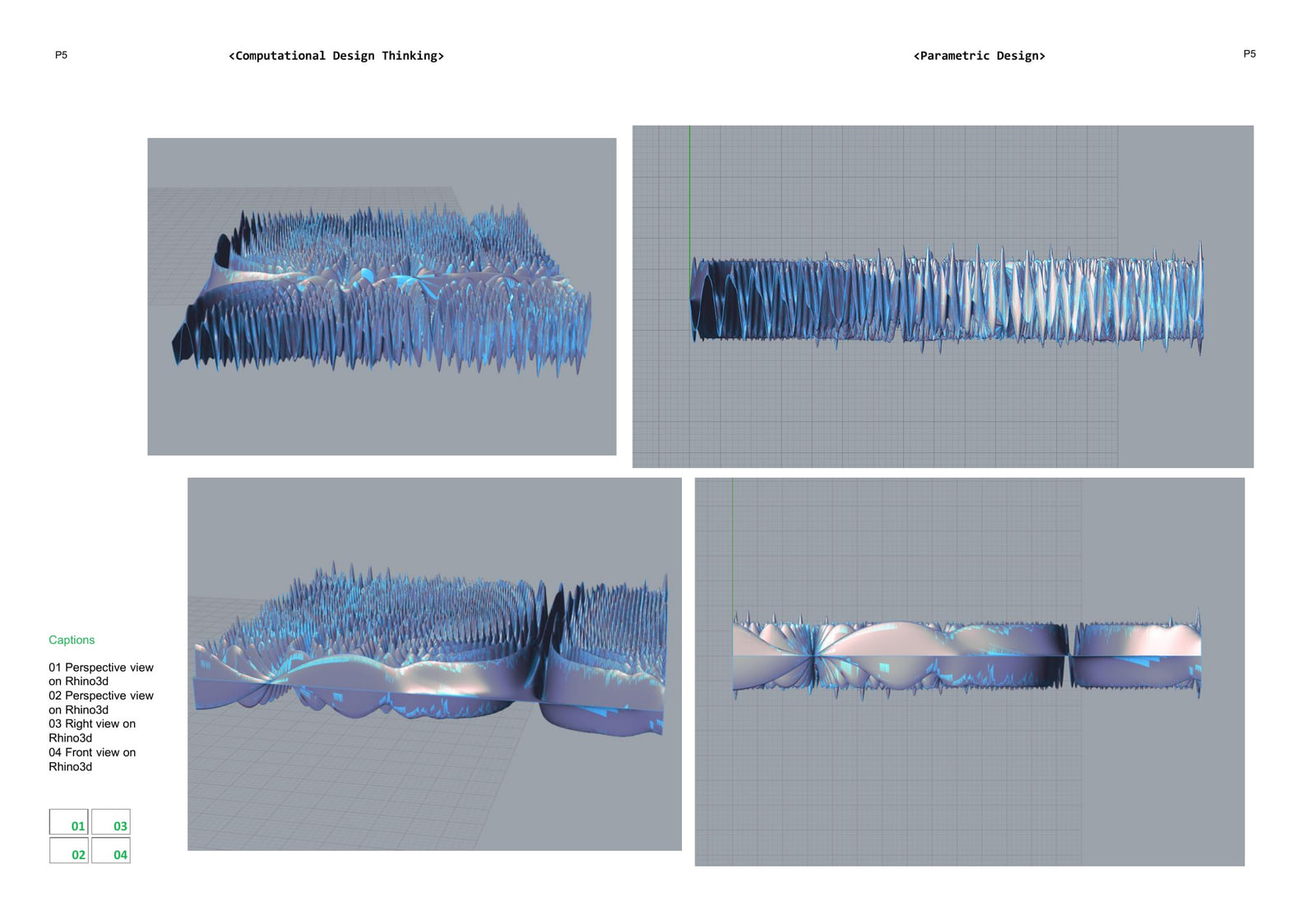Rhino perspective, right and front views showing the tile's spiked profile edge-on